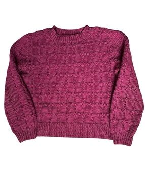 Hand knit sweater cabincore pattern stitch berry red wool feel M P fit